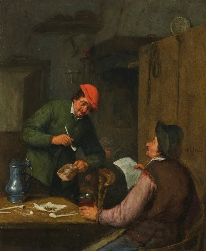 Two Peasants Smoking Drinking And Reading At An Inn Wall Art by Adriaen van Ostade - High-Resolution Digital Print