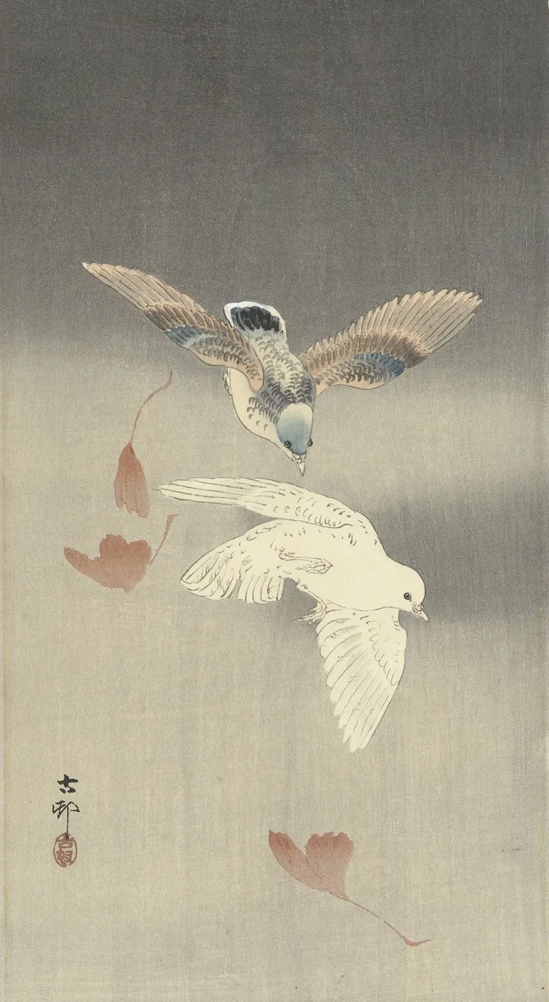 Two Pigeons With Falling Ginkgo Leaves