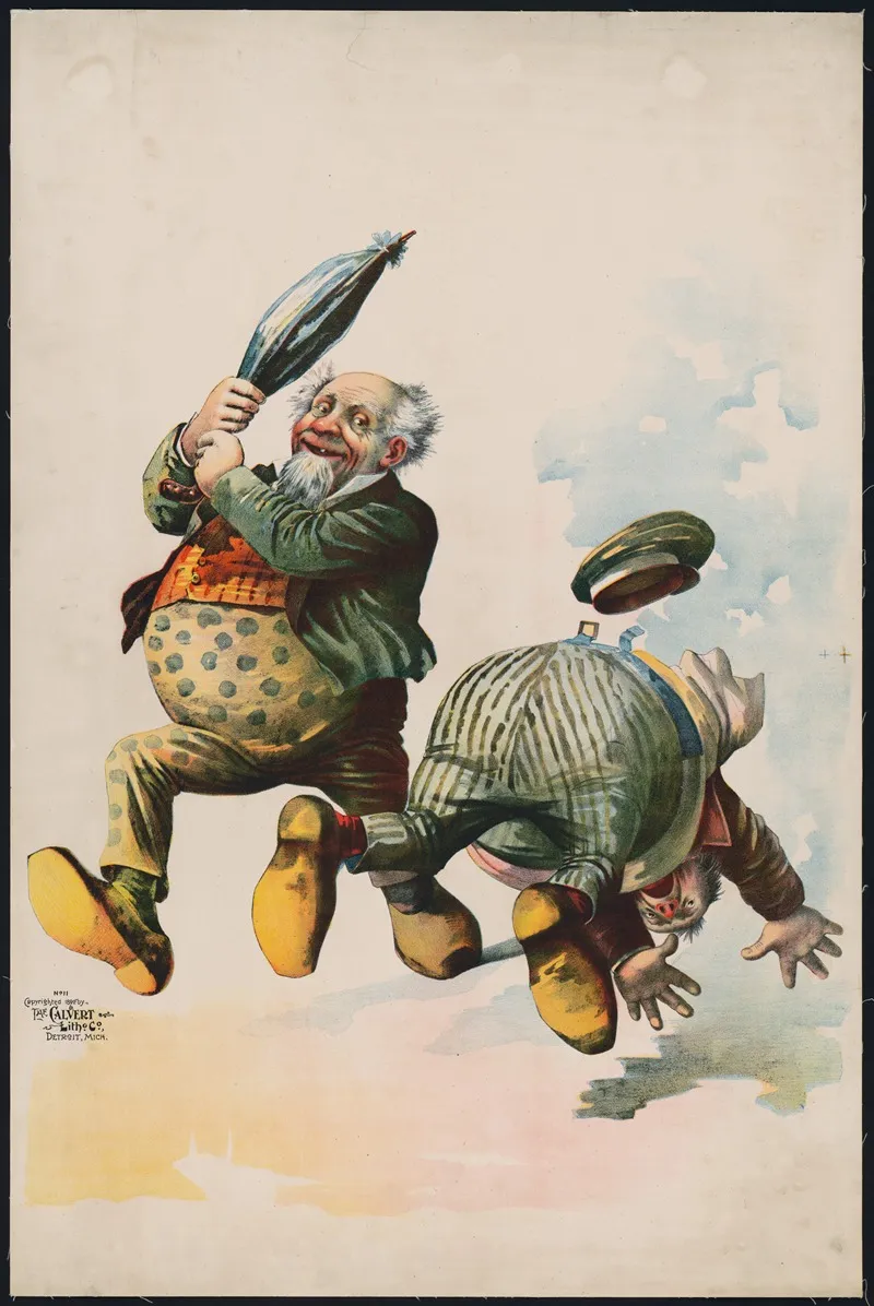Two Plump Men One With Umbrella One Falling Wall Art by Calvert Litho. Co - High-Resolution Digital Print