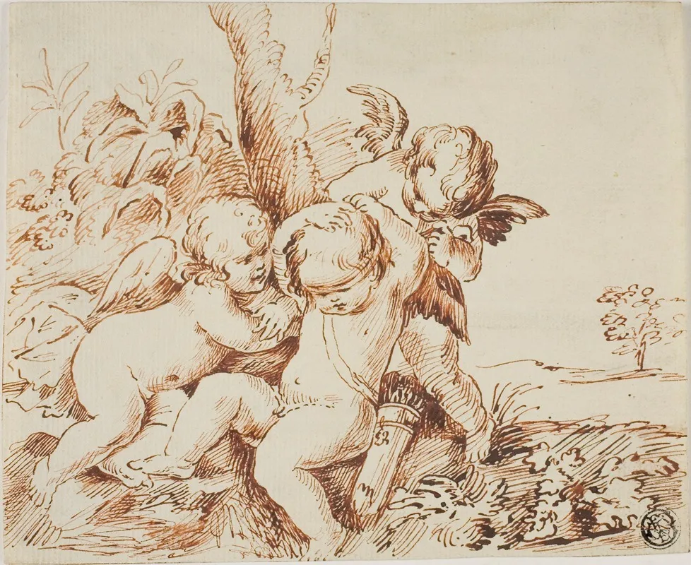 Two Putti Blindfolding A Third Wall Art by Circle of Guido Reni - High-Resolution Digital Print