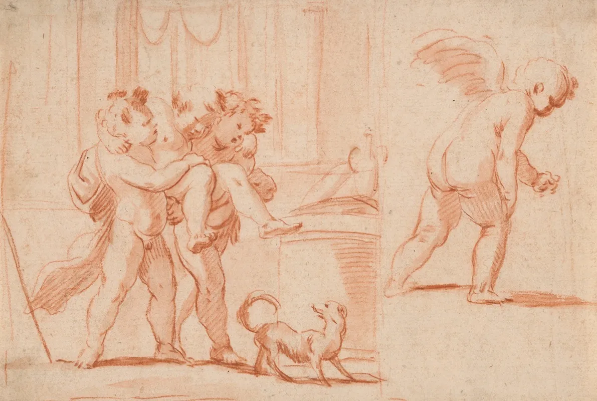 Two Putti Carrying A Third Putto Another Putto From The Rear