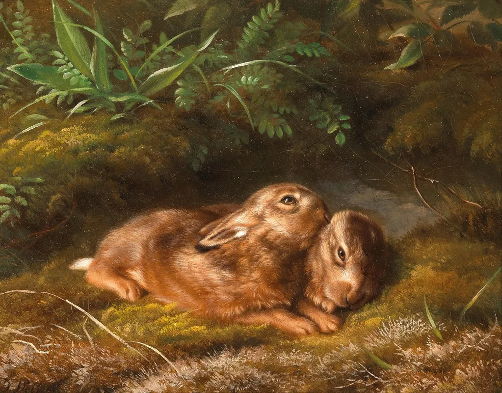 Two Rabbits In The Moss Wall Art by Johannes Christian Deiker - High-Resolution Digital Print