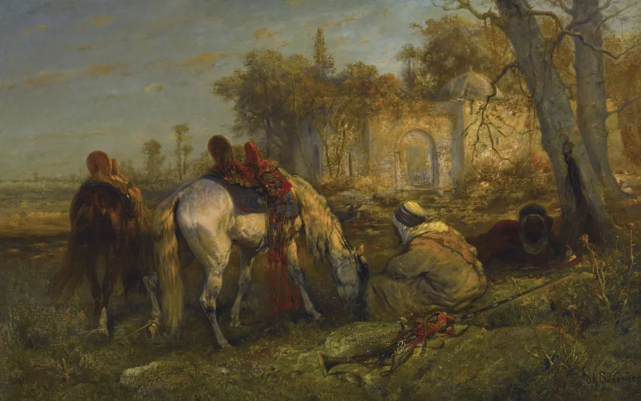 Two Reclining Arabs And Two Tethered Horses Wall Art by Adolf Schreyer - High-Resolution Digital Print