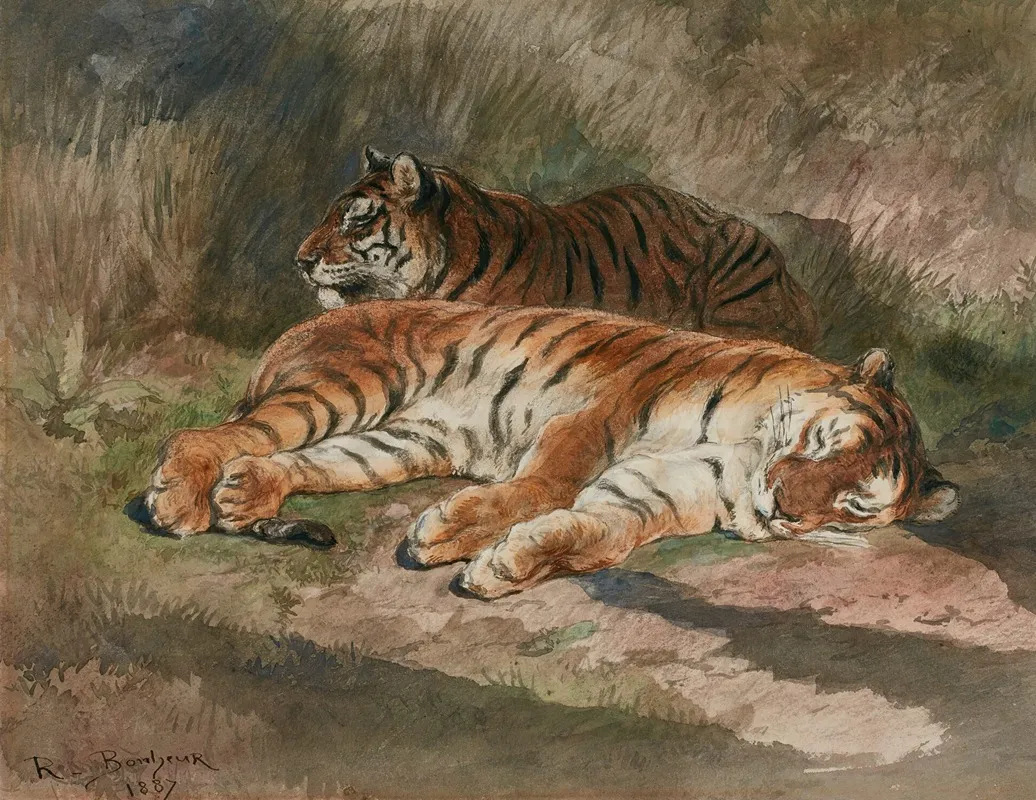 Two Recumbent Tigers Wall Art by Rosa Bonheur - High-Resolution Digital Print