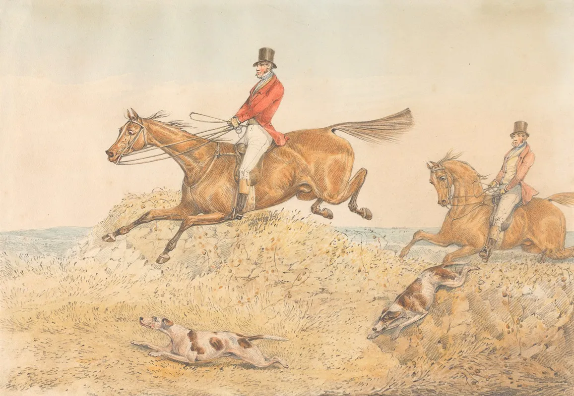 Two Riders And A Couple Of Hounds Clearing A Wall