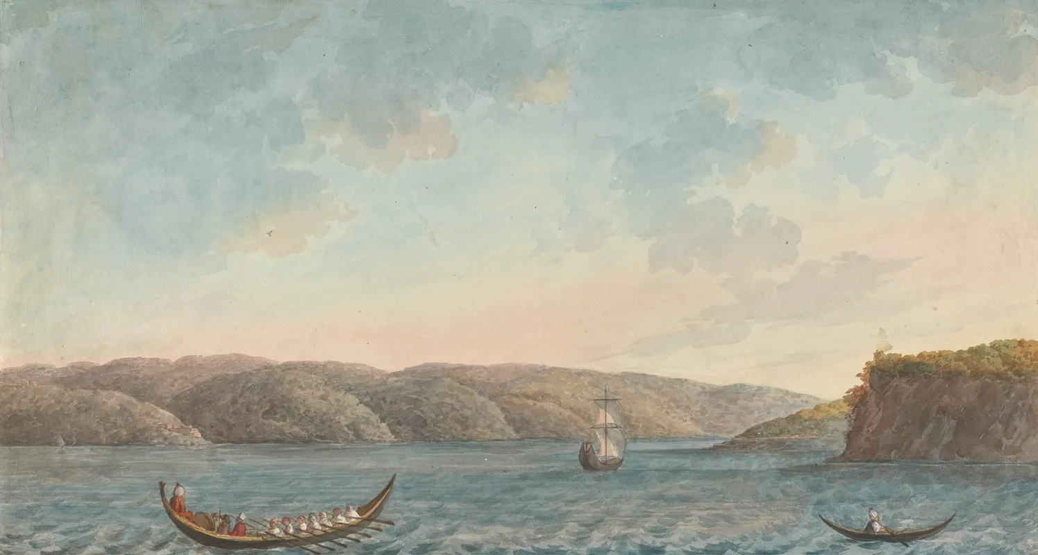 Two Rowing Boats And A Sailboat By A Steep Cliff Hilly Landscape Seen From The Sea