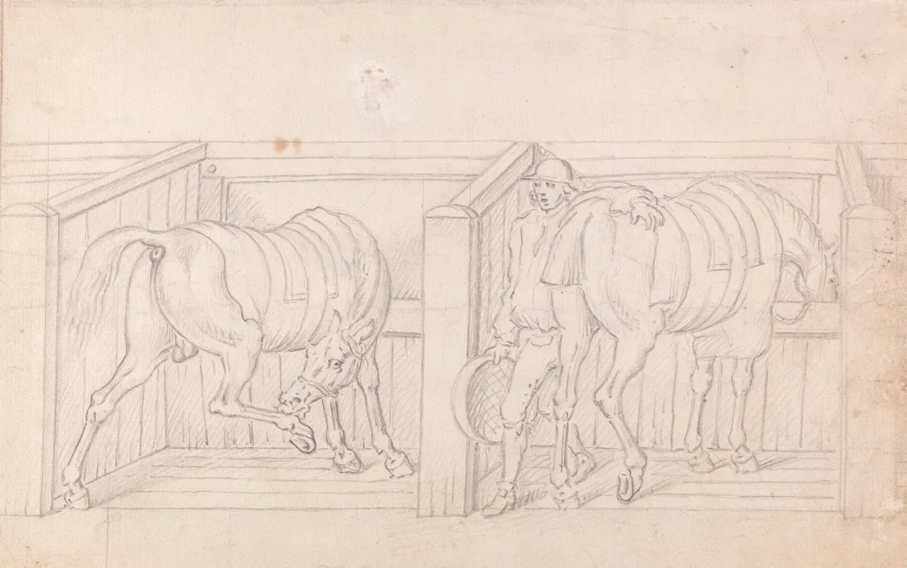 Two Saddled Horses In Stalls In A Stable