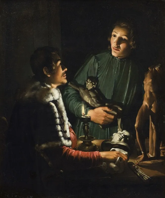 Two Sculptors At Night In Rome Double Portrait Of Francois Duquesnoy And Georg Petel Wall Art by Adam de Coster - High-Resolution Digital Print