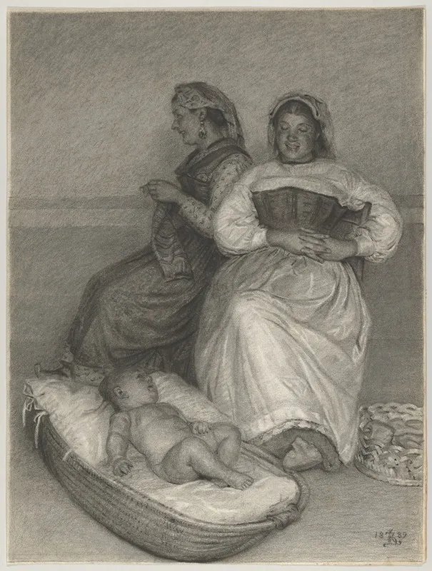 Two Seated Italian Women With A Baby In A Cradle
