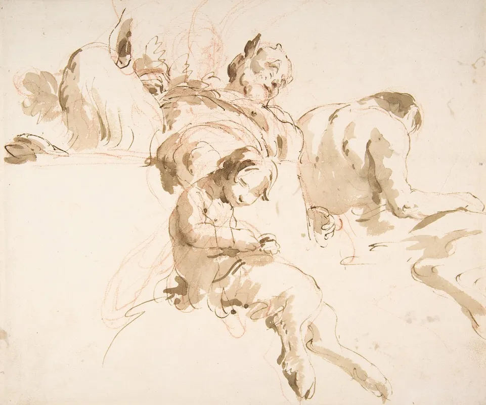 Two Seated Satyrs And A Child Satyr Wall Art by Giovanni Battista Tiepolo - High-Resolution Digital Print