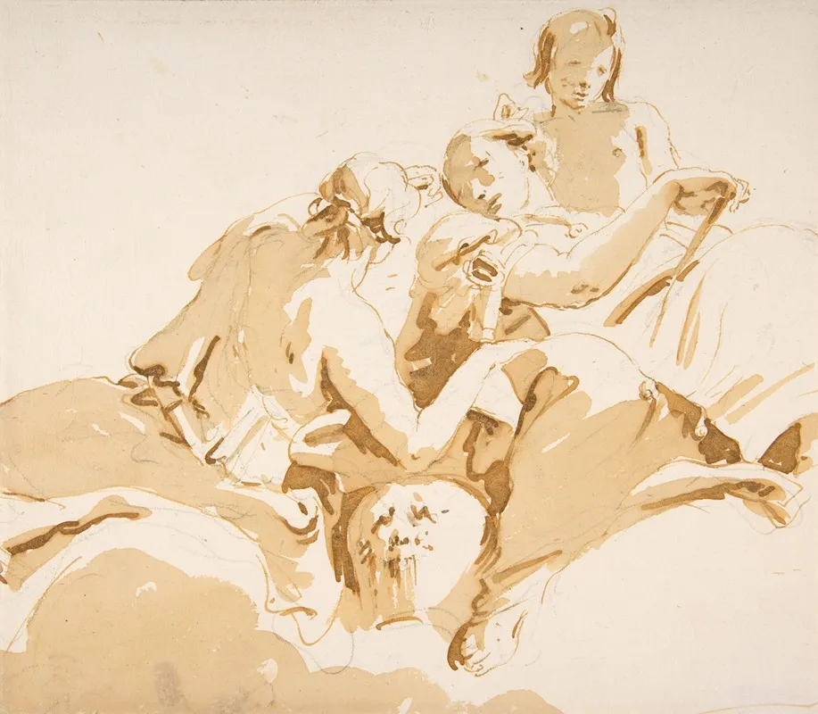 Two Seated Women And A Boy On Clouds Wall Art by Giovanni Battista Tiepolo - High-Resolution Digital Print
