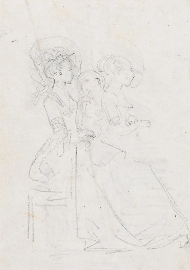 Two Seated Women With Male Figure Between Them Verso