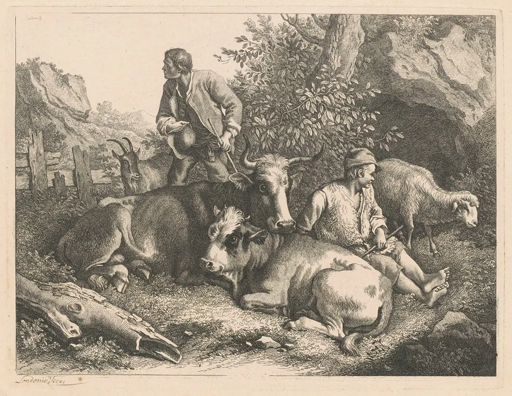 Two Shepherds With A Cow And Calf