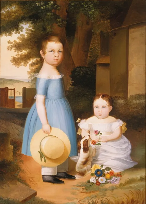Two Sisters With Puppy And Flowers Wall Art by Arthur Armstrong - High-Resolution Digital Print