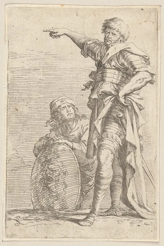 Two Soldiers One Pointing Toward The Left The One Below Holding A Shield Wall Art by Salvator Rosa - Canvas Print