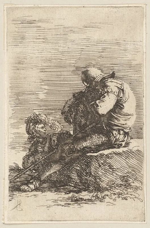 Two Soldiers One Seated On A Ledge Holding A Cane Wall Art by Salvator Rosa - High-Resolution Digital Print