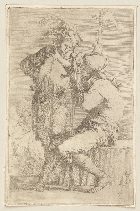 Two Soldiers One Seated On A Square Stone Wall Art by Salvator Rosa - High-Resolution Digital Print