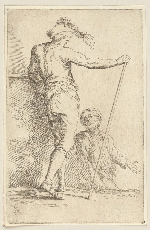 Two Soldiers One Seen From Behind And Holding A Cane In His Right Hand Wall Art by Salvator Rosa - High-Resolution Digital Print