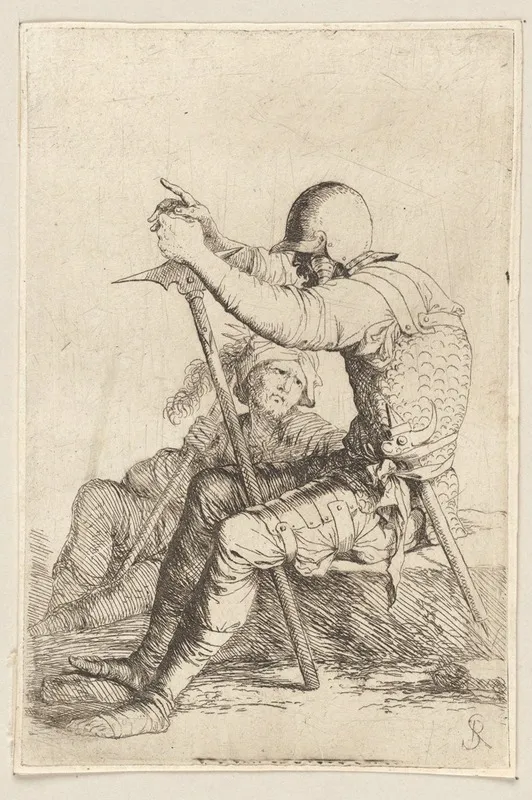 Two Soldiers Seated One On A Stone The Other On The Ground Wall Art by Salvator Rosa - High-Resolution Digital Print