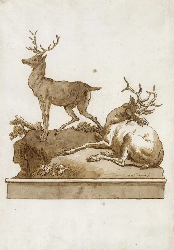 Two Stags One Standing And One Lying On A Grassy Knoll With A Base Wall Art by Giovanni Domenico Tiepolo - High-Resolution Digital Print