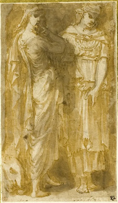 Two Standing Female Allegorical Figures Anger And Sloth Wall Art by Circle of Pirro Ligorio - High-Resolution Digital Print