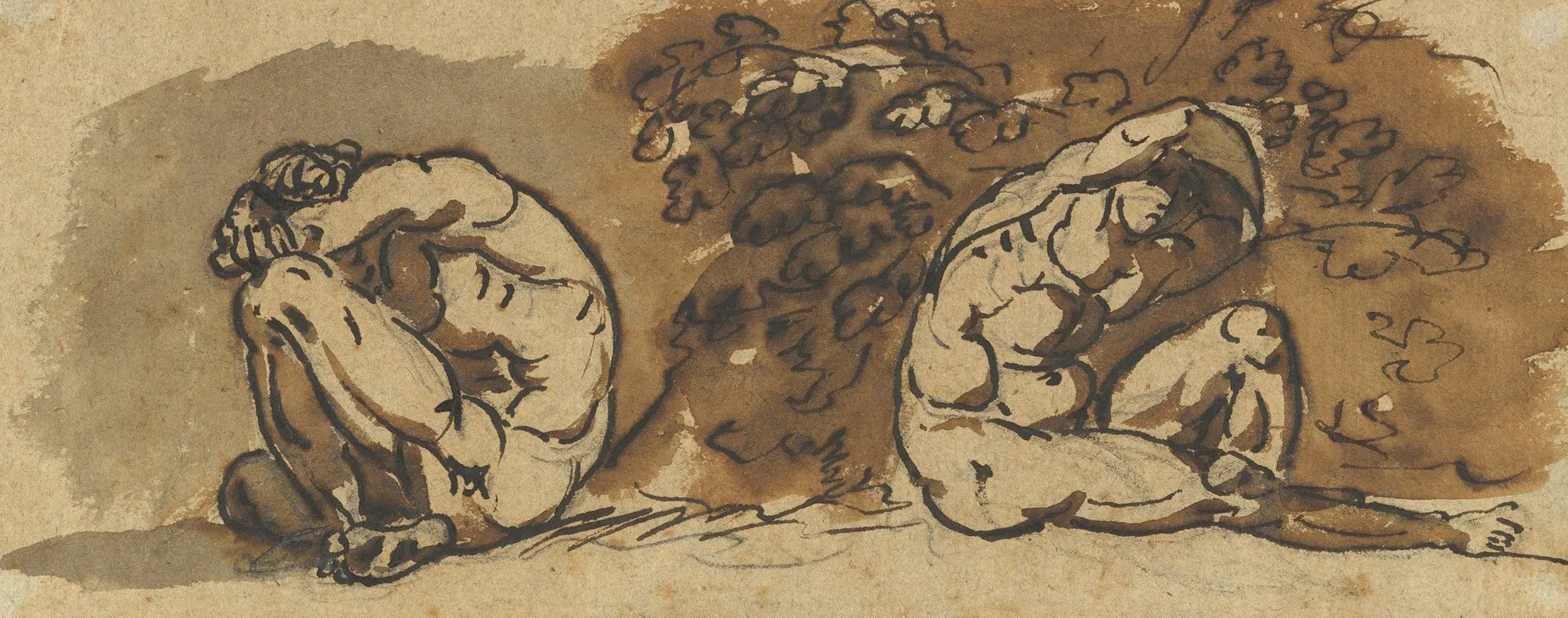 Two Studies Of A Male Nude Althaemenes Hiding In A Bush