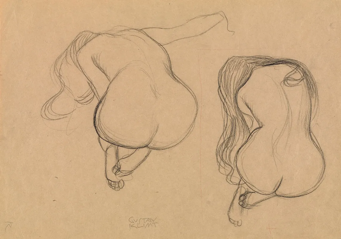 Two Studies Of A Seated Nude With Long Hair Wall Art by Gustav Klimt - High-Resolution Digital Print