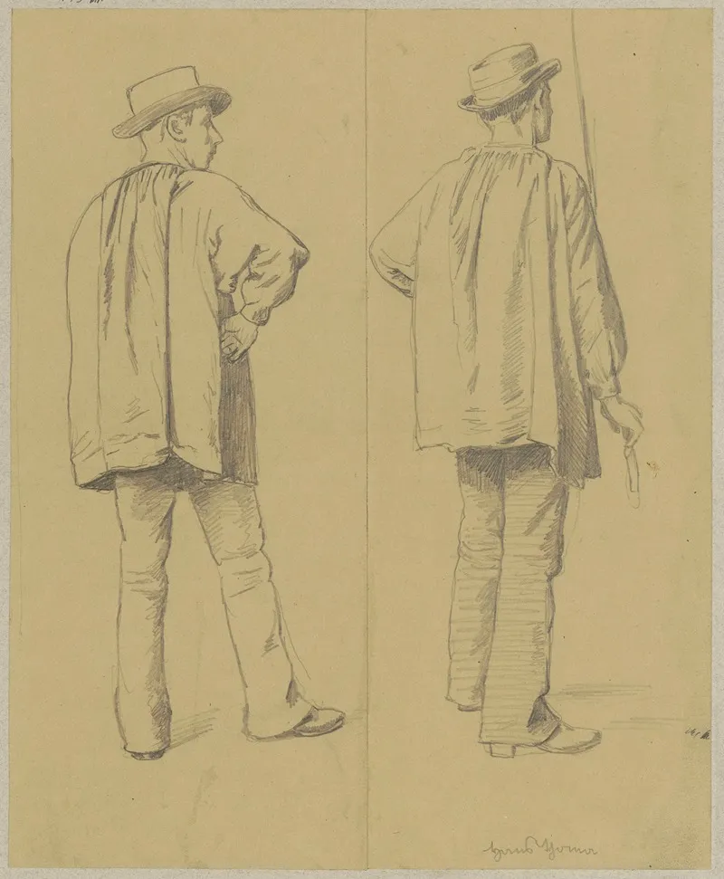 Two Studies Of Men In Loose Shirts And Hats Depicted From The Back