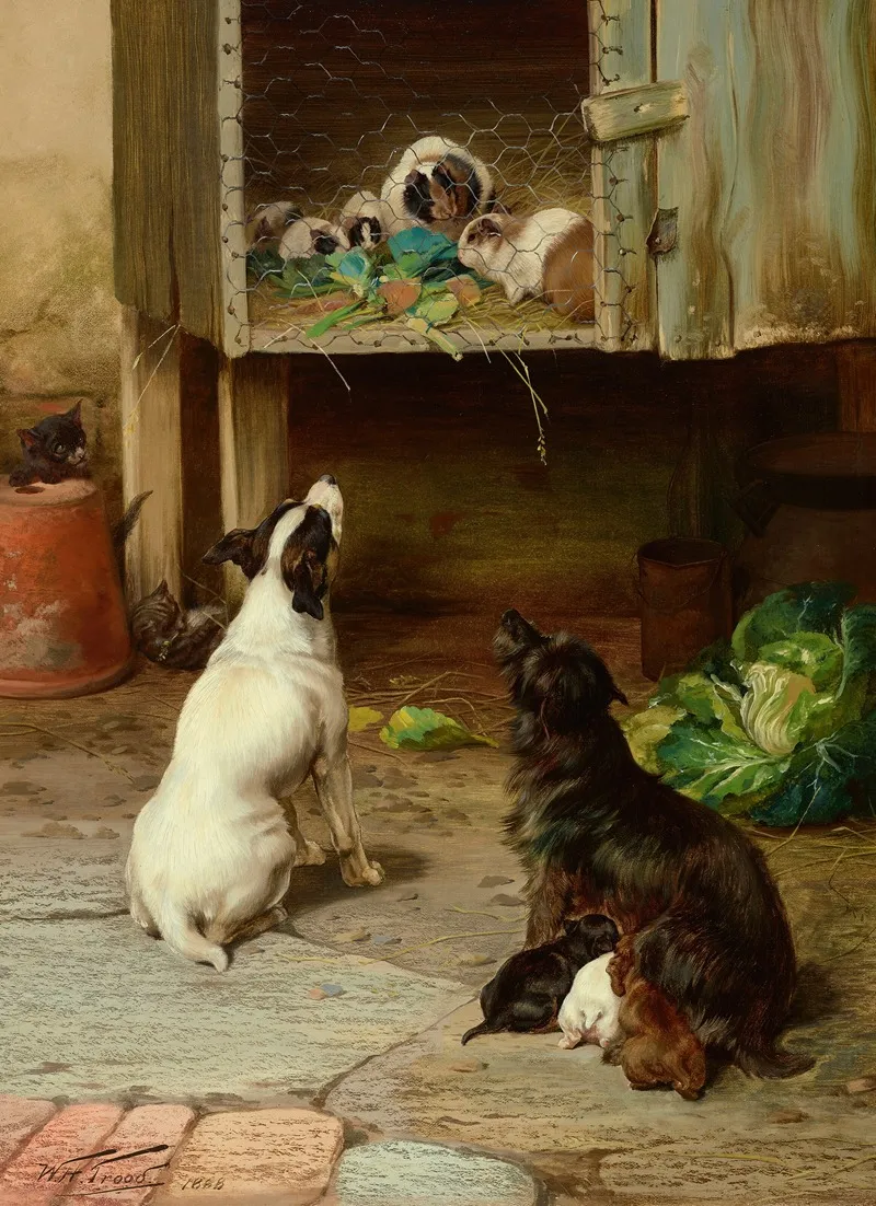 Two Terriers Studying A Hutch Of Guinea Pigs Wall Art by William Henry Hamilton Trood - High-Resolution Digital Print
