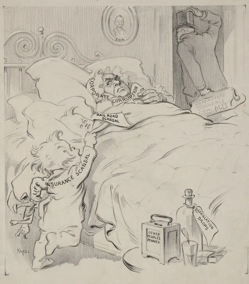 Two Toddlers Life Insurance Scandal And Rail Road Scandal Climb Into Bed With Corporate Corruption Wall Art by Joseph Ferdinand Keppler - High-Resolution Digital Print