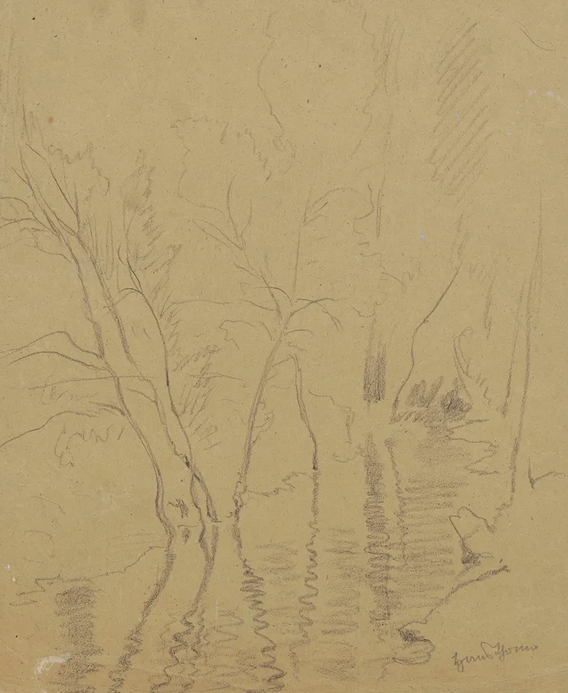 Two Trees Growing By A River And Reflected In The Water Wall Art by Hans Thoma - High-Resolution Digital Print