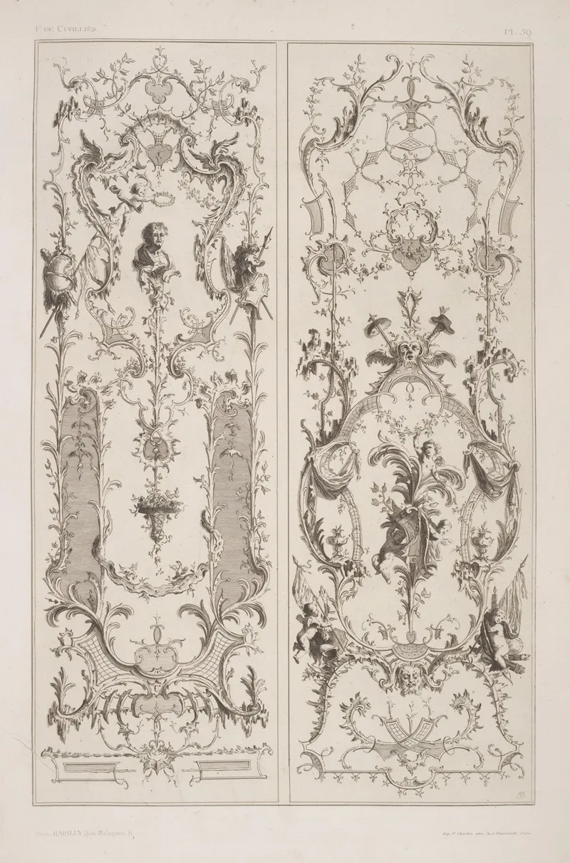 Two Vertical Designs Featuring Cherub Crowning A Bust Portrait With Wreath