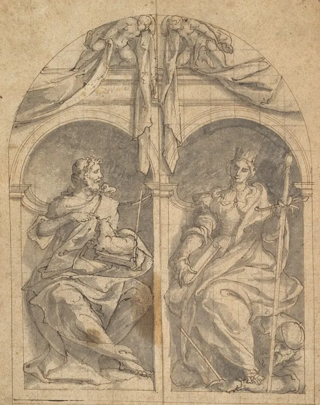 Two Wings Of An Altarpiece Depicting Saints John The Baptist And Catherine In Niches Surmounted By Angels