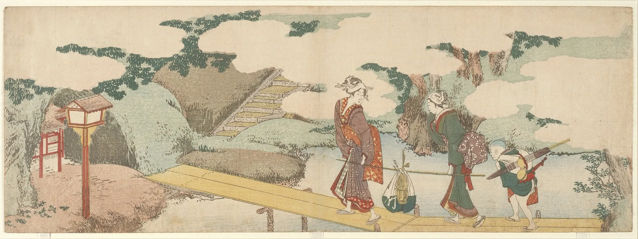 Two Women And A Boy On Boardwalk Wall Art by Katsushika Hokusai - High-Resolution Digital Print