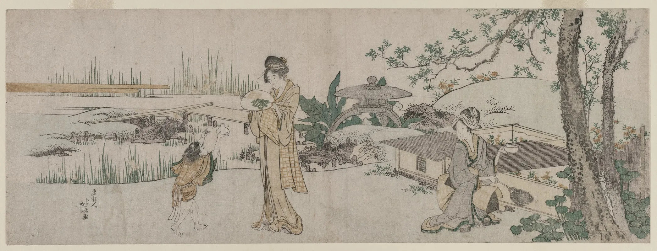 Two Women And A Child Beside A Goldfish Tank Wall Art by Katsushika Hokusai - High-Resolution Digital Print
