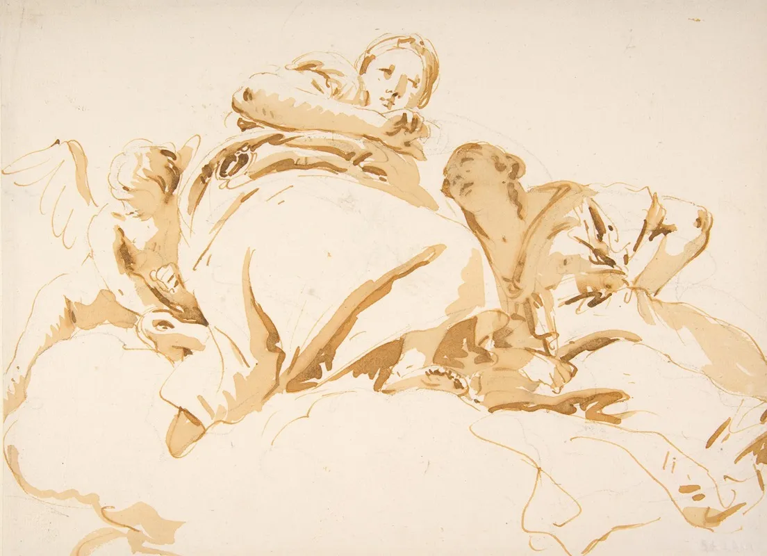 Two Women And A Winged Boy On Clouds Wall Art by Giovanni Battista Tiepolo - High-Resolution Digital Print
