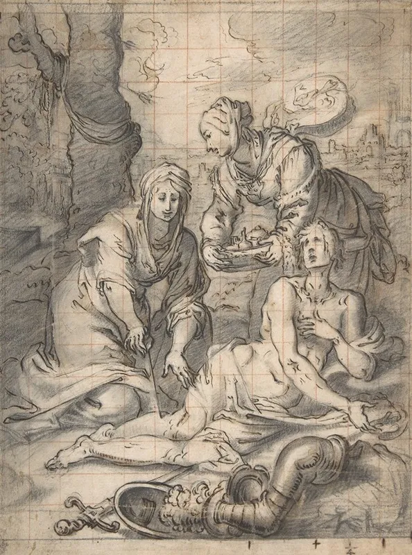 Two Women Annointing The Wounds Of Saint Sebastian Wall Art by Giovanni Biliverti - High-Resolution Digital Print