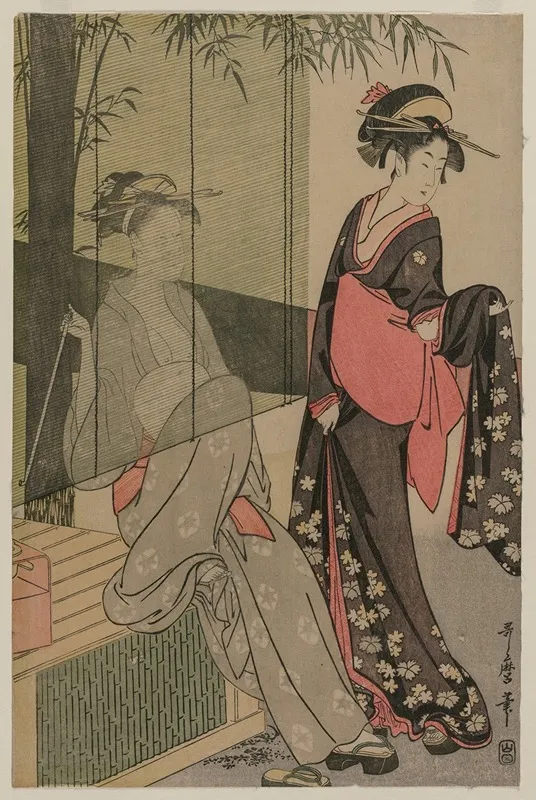 Two Women By A Bamboo Blind