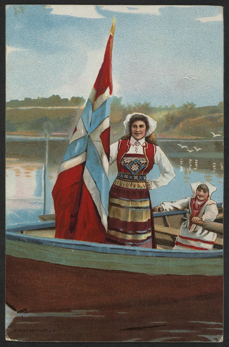 Two Women Dressed In Traditional Norwegian Costumes With Flags In A Boat Wall Art by John Fredrikson Bog &amp; Kunstfolag - High-Resolution Digital Print