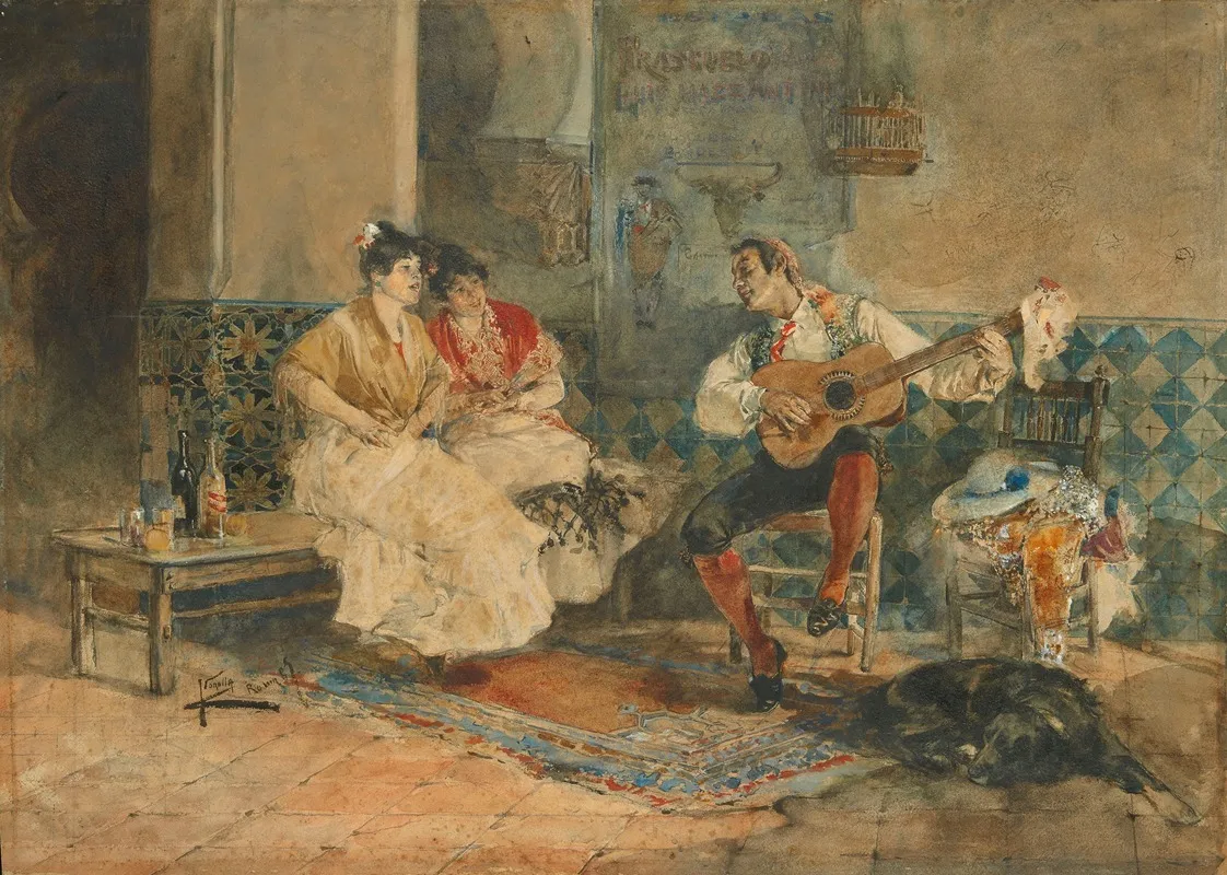 Two Women In An Interior Listening To A Guitarist Wall Art by Joaquín Sorolla - Canvas Print