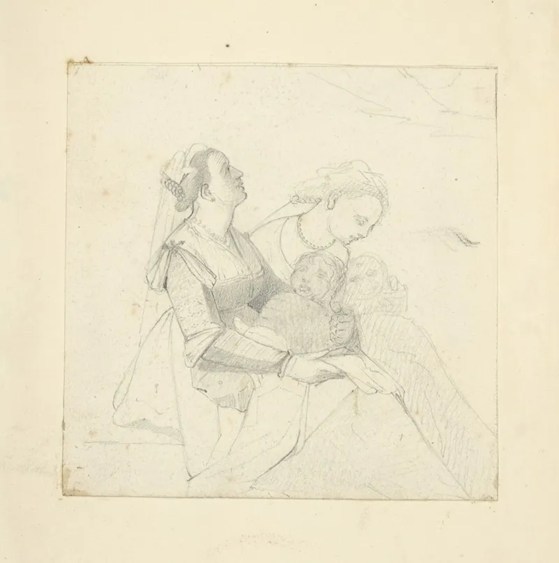 Two Women Seated Wearing Veiled Head Pieces Each Holding An Infant