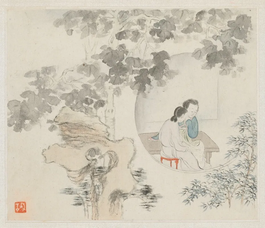 Two Women Sit At A Table Within A Circle Visible In A Landscape Wall Art by Hua Yan - High-Resolution Digital Print
