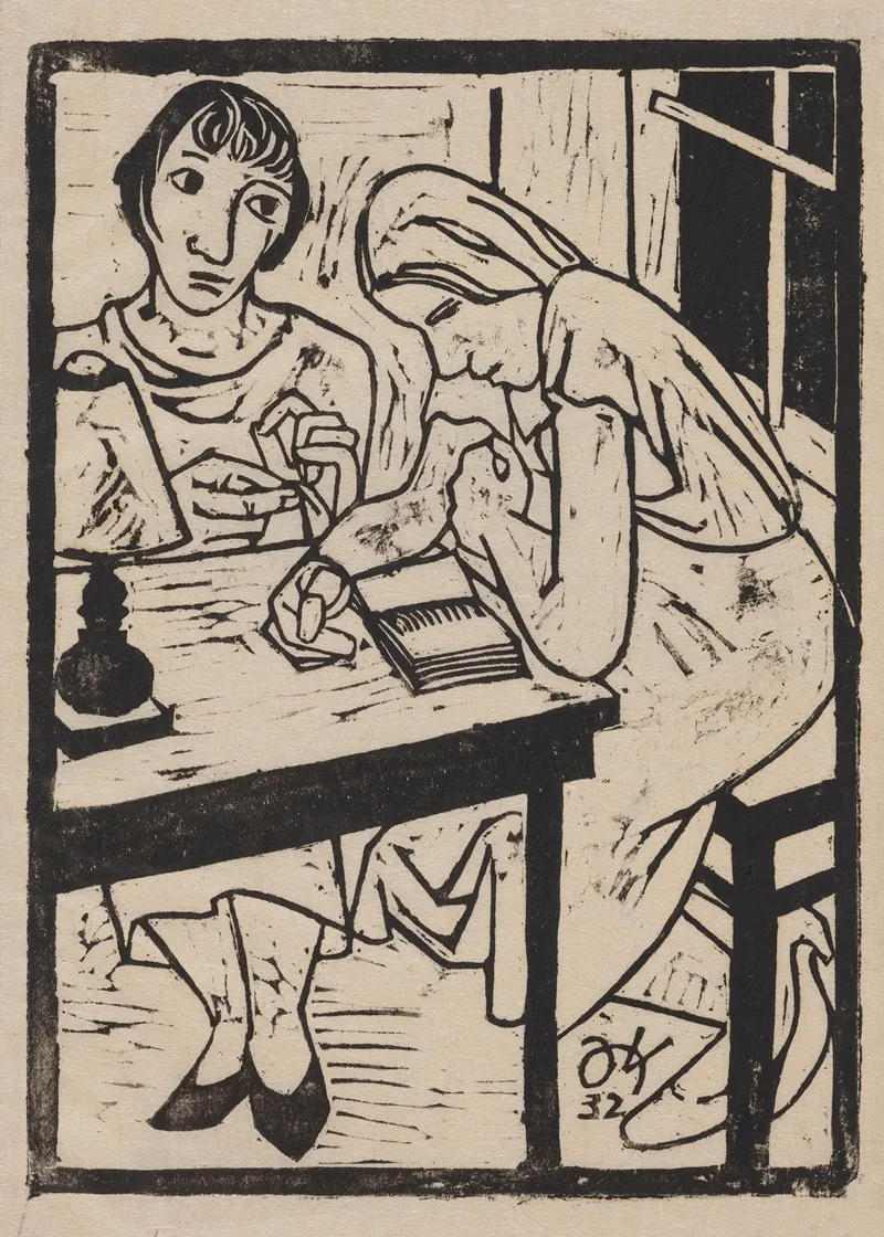 Two Women Sitting At A Table One Sowing The Other Reading A Book Wall Art by Joachim Karsch - High-Resolution Digital Print