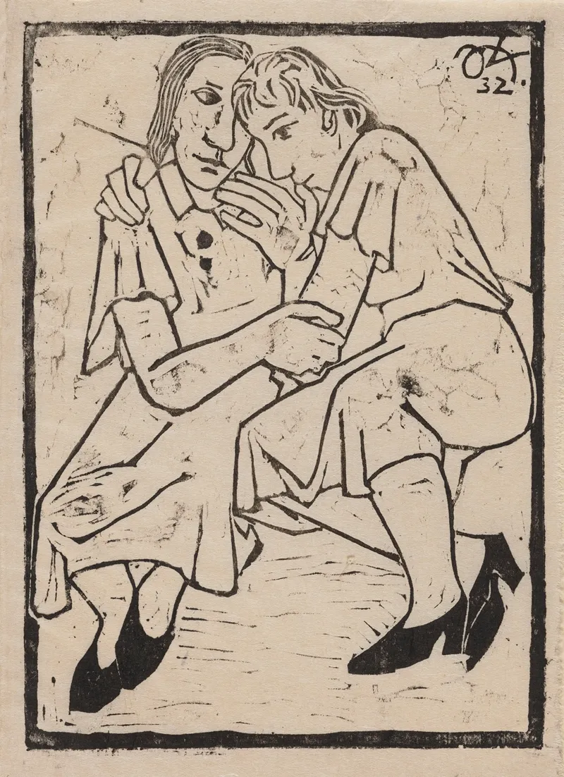Two Women Sitting On A Bench Cuddled Wall Art by Joachim Karsch - High-Resolution Digital Print