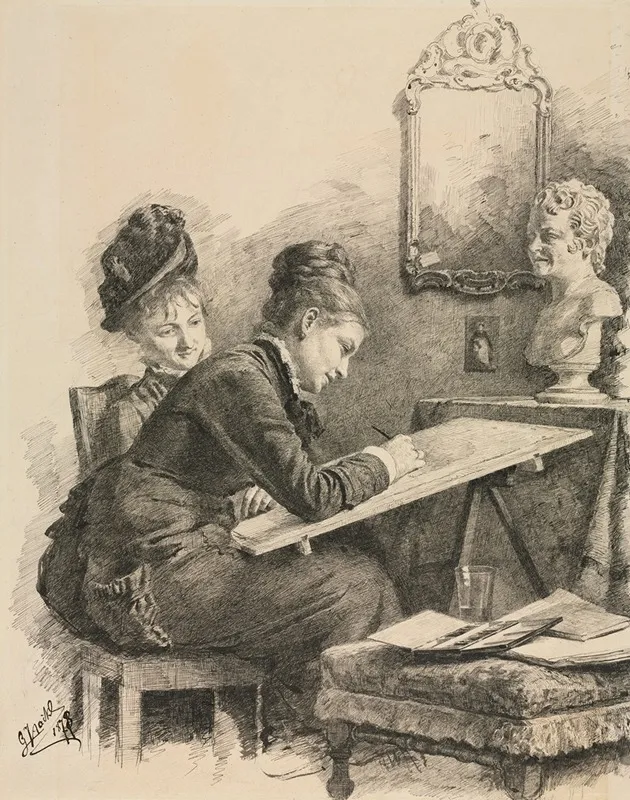 Two Women Sketching A Sculpture Wall Art by Gabriel von Hackl - High-Resolution Digital Print