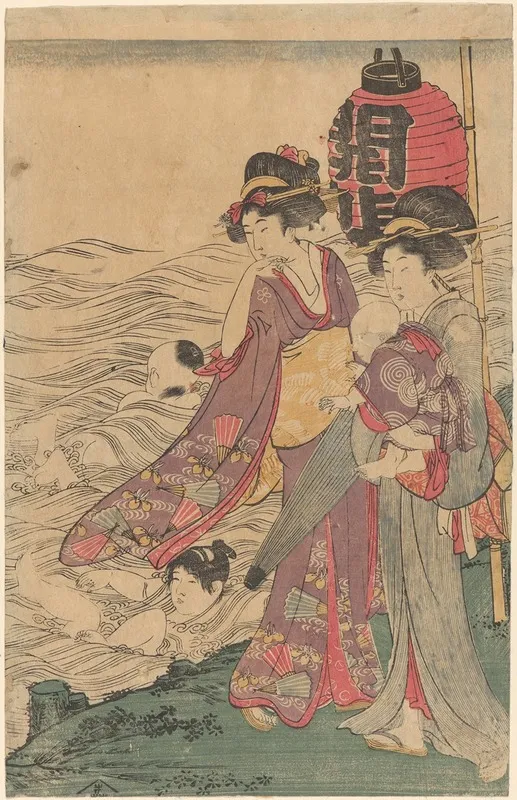 Two Women With Children At The Seashore