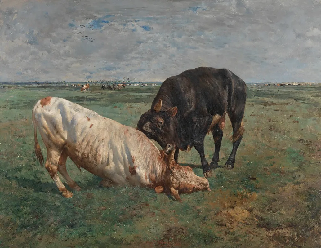 Two Young Bulls Fighting Wall Art by Alfred Verwee - High-Resolution Digital Print