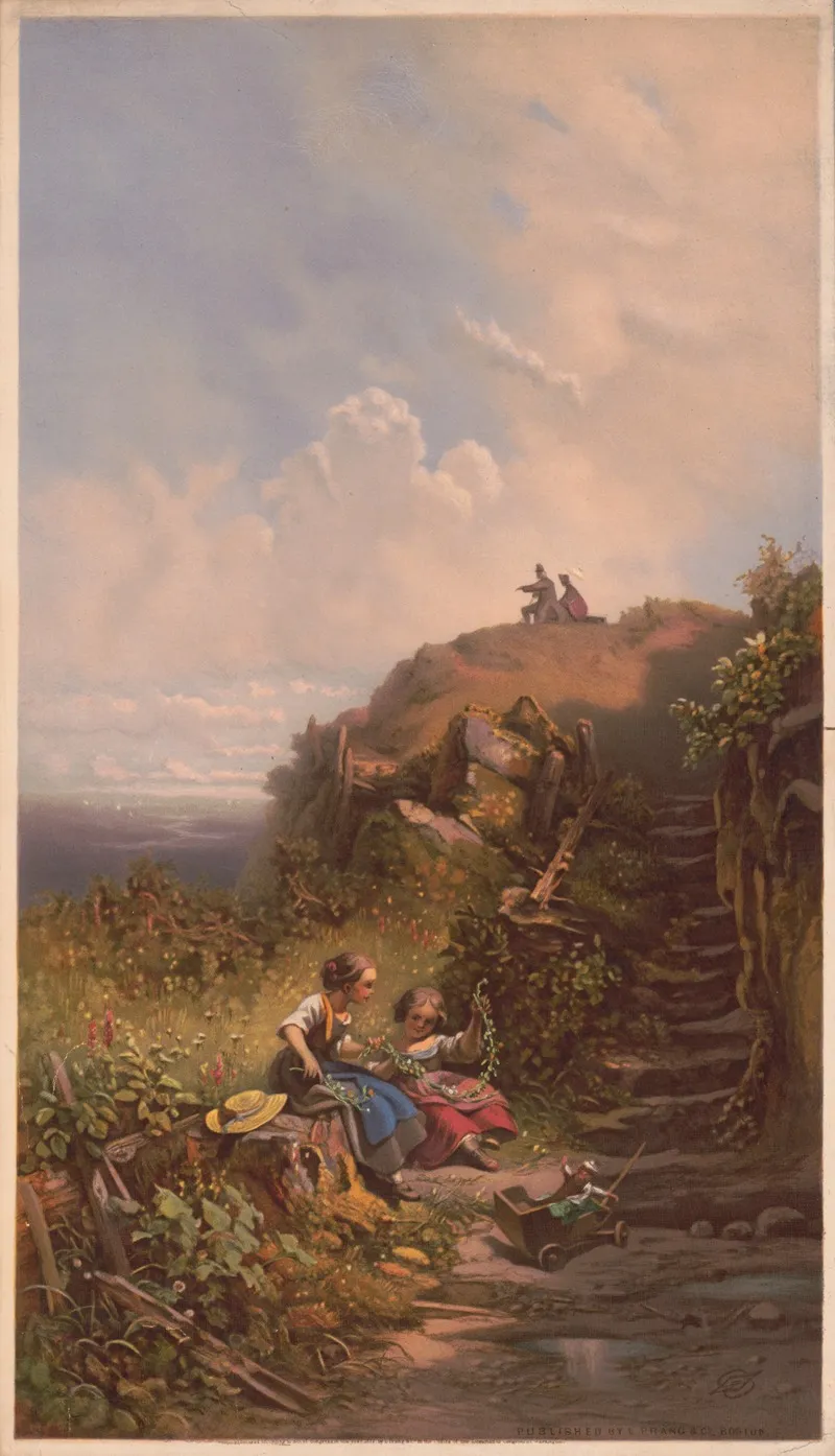 Two Young Girls Weaving Strands Of Flowers