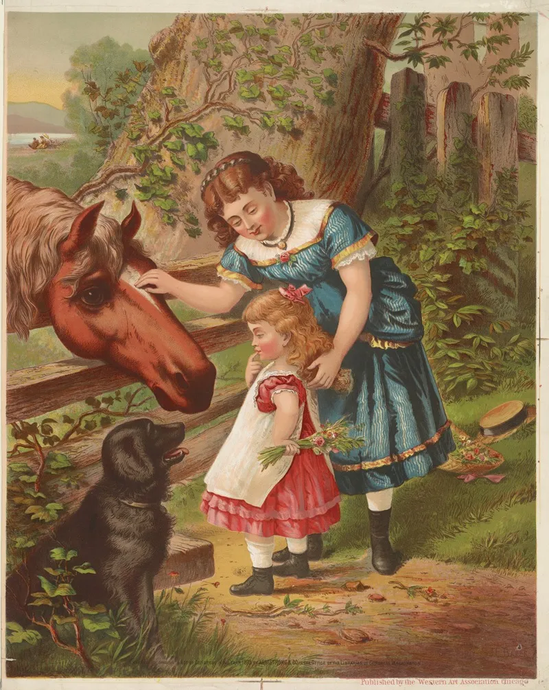 Two Young Girls With Horse And Dog