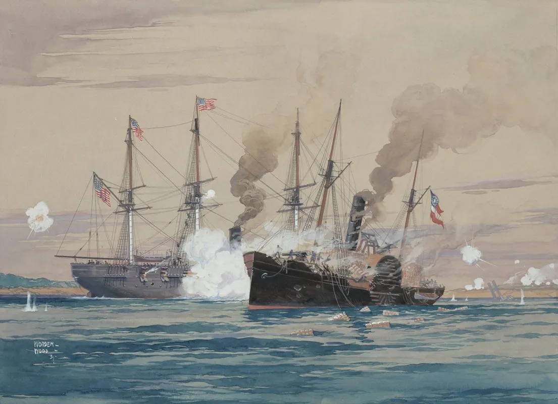 U S S Pensacola And The C S S Governor Moore Wall Art by Worden Wood - High-Resolution Digital Print